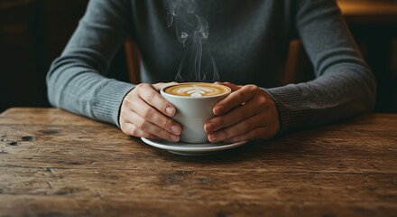 Holding Cup of Coffee Latte on Rustic Wood Table