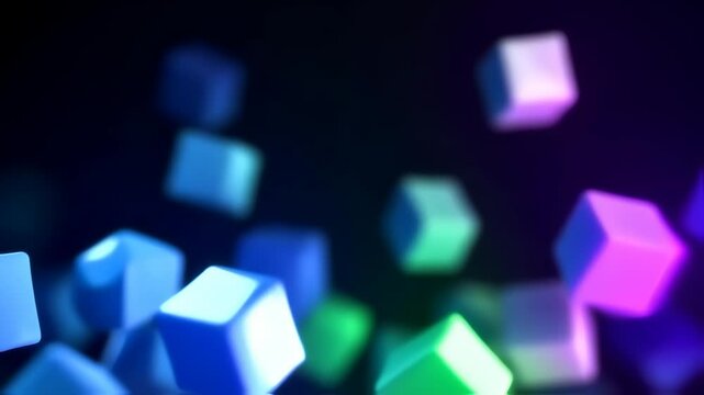 Abstract floating cubes gently vibrate in slow motion, resonating with harmonic frequencies in a minimal digital space 