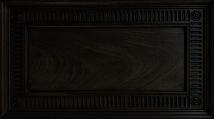 Elegant Dark Wood Panel with Ornate Carving and Classic Design. Wood Texture Background with copy-space.