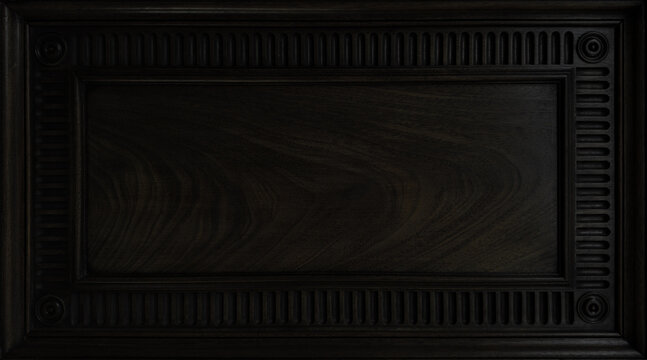 Elegant Dark Wood Panel with Ornate Carving and Classic Design. Wood Texture Background with copy-space.