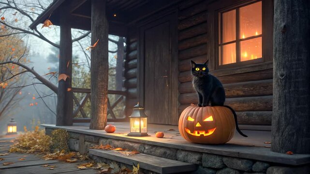A black cat sits atop a glowing jack-o-lantern on a rustic cabin porch during a misty autumn evening creating a spooky Halloween scene with warm lantern light illuminating the fall foliage.