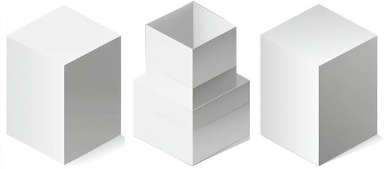 Obraz premium Isometric illustration of three blank, white, cubic boxes; two single cubes and one stacked double cube