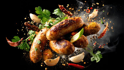 grilled sausage featuring floating in the air. fresh ingredients such as lemongrass slices, dried chilies, garlic, shallots, turmeric, and coriander seeds splashes around it