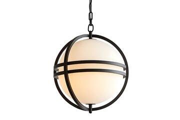 A modern black metal orb pendant light fixture with a white glass globe on a white background
