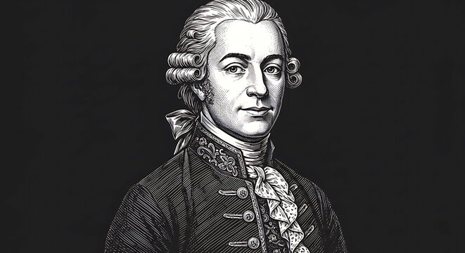 Elegant black and white drawing of a historical man in period costume, featuring detailed facial features, curled hair, and a ruffled cravat in classic portrait format