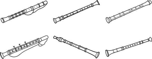 Set of Shakuhachi black outline vector and illustration, coloring book page