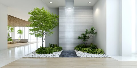 Room garden waterfall concept. Modern indoor space featuring greenery, a water feature, and sleek design elements.