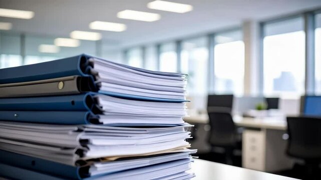 Pile of stacked blue ring binders filled with white documents in a modern, bright office workspace with computer desktops