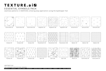 Fototapete Vector pattern texture cad set for landscape architecture. Includes concrete, asphalt, grass, pavement, water, gravel, soil, forest, and stone surfaces. © feipco