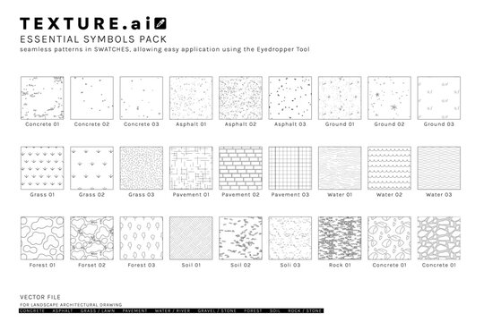 Vector pattern texture cad set for landscape architecture. Includes concrete, asphalt, grass, pavement, water, gravel, soil, forest, and stone surfaces.