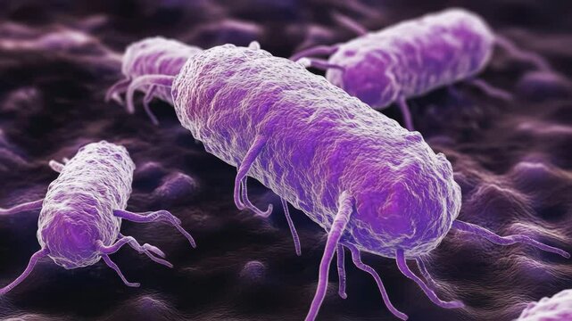 Microscopic View of Purple Rod-Shaped Bacteria