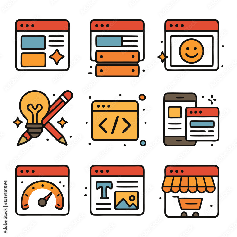 Aufkleber nine web design icons suitable for digital projects, websites, apps, presentations, and ui/ux design