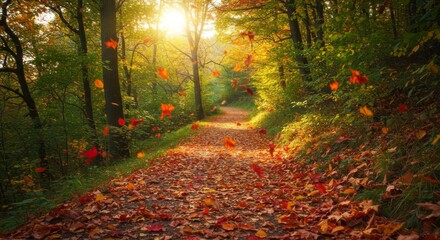 Obraz premium Autumn Forest Path with Falling Leaves and Golden Sunlight