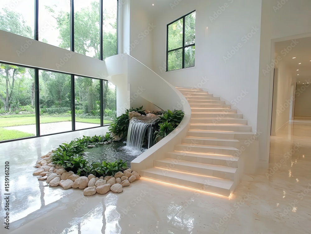 Aufkleber room garden waterfall concept. modern staircase with natural elements and large windows, creating a 