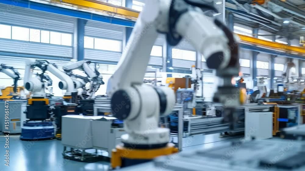 Poster robotic arms operating in bright factory environment, demonstrating automated manufacturing processe