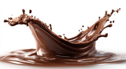 A dynamic splash of rich, dark brown liquid, elegantly curved against a stark white backdrop, showcases its thick, viscous texture and glossy sheen