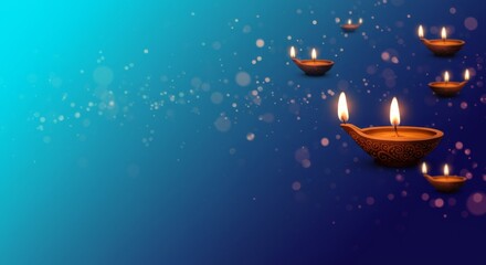 Gradient from turquoise to indigo, floating oil lamps and light particles, copy space in the center left.