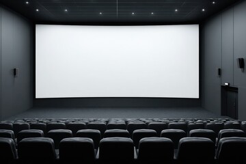 Fototapeta premium Empty modern movie theater with a large blank screen and rows of dark gray seats