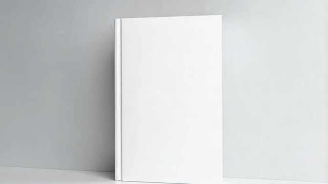 Clean minimalist composition of a standing blank white book against a soft gray textured wall surface for mockups, presentations.