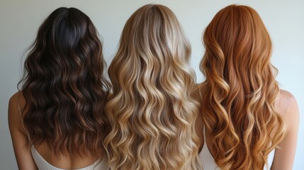 Fototapeta premium Women showcase wavy hairstyles in diverse colors and textures during a hair styling session indoors