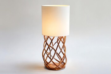 Illuminated lamp with white shade and twisted brown wooden base on a neutral background indoors