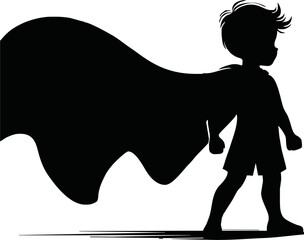 Silhouette of a superhero child with cape blowing in the wind  vector isolated on white background © Avra