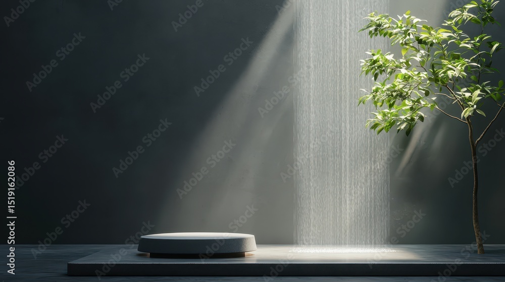 Poster room garden waterfall concept. a serene space featuring a modern fountain and a small tree under sof