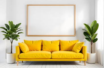  One wooden big frame mockup, mockups, living room with yellow sofa, yellow pillows, empty mockup for picture in the living room, white empty space for picture on the wall