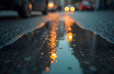 Blurred background with water puddle and evening city lights, sad mood, blue Monday 
