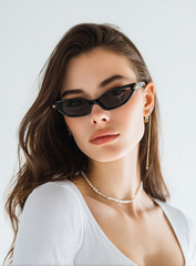 Naklejka premium Studio portrait of a beautiful brunette fashion model wearing trendy sunglasses and a pearl necklace