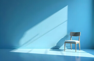 Empty chair stands against the wall, blue room, blue Monday mood