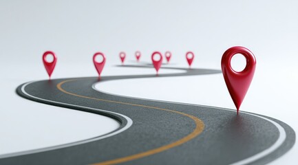 A winding road with several red map markers indicating a route or journey.  The image is clean, minimalist, and uses a 3D rendering style
