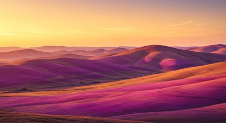 Vibrant Sunset Over Purple and Orange Rolling Hills