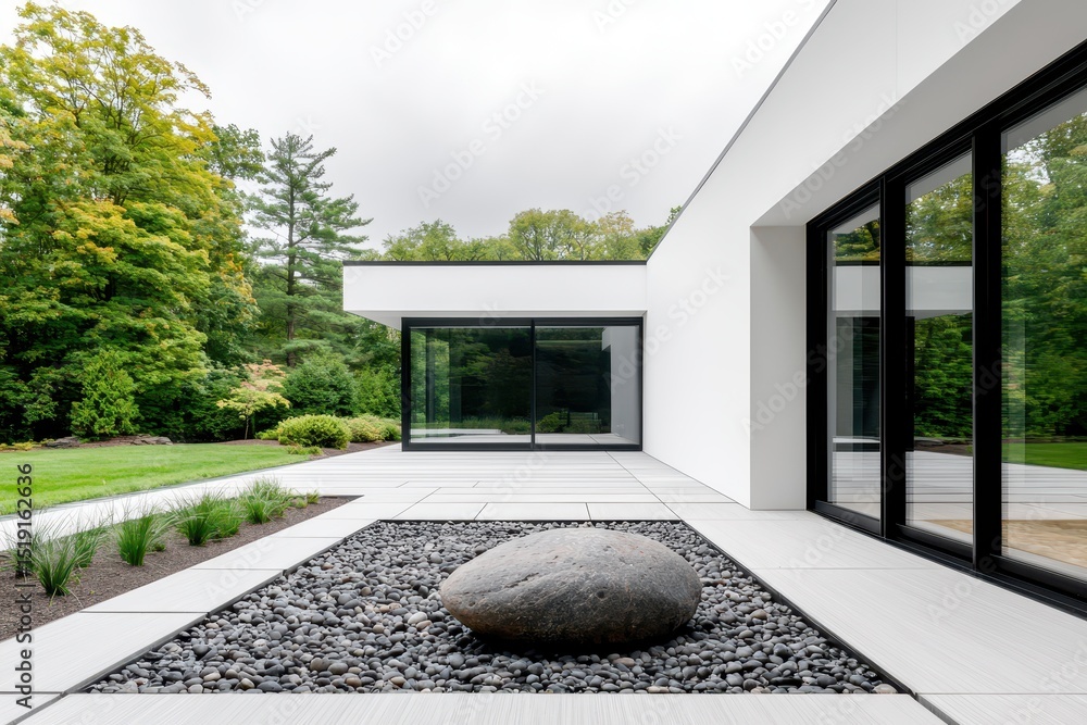 Poster room garden waterfall concept. modern architecture featuring a sleek exterior with stone and greener