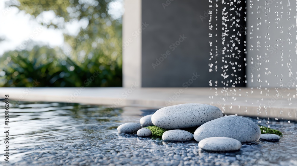 Poster Room garden waterfall concept. Serene water feature with smooth stones and gentle rain-like droplets creating a calming atmosphere.