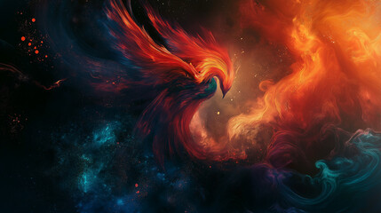 This picture shows a phoenix soaring in flames, with vibrant colors and full of power and mystery, symbolizing rebirth and hope.