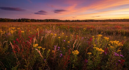 Naklejka premium Vibrant Wildflower Meadow at Sunset