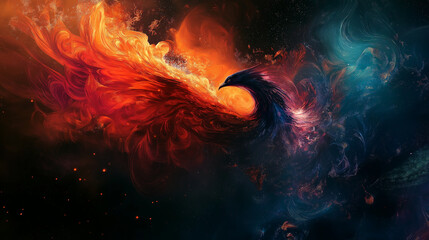 This picture shows a phoenix soaring in flames, with vibrant colors and full of power and mystery, symbolizing rebirth and hope.