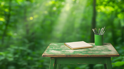 Creative workspace in nature green table with sketch pad and paintbrushes in a lush forest setting