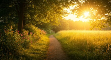 Naklejka premium Sunlit Path Through Summer Meadow at Sunset