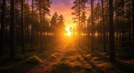 Fototapeta premium Vibrant Sunset in a Pine Forest