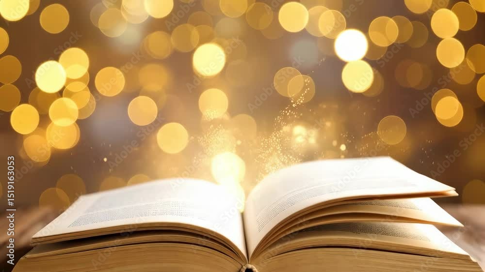 Poster open antique book resting on wooden table with bokeh effect and shimmering magic sparks emanating fr