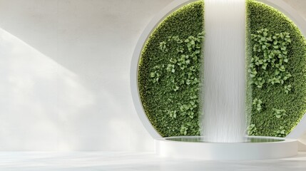 Fototapeta premium Room garden waterfall concept. Modern wall fountain features cascading water and greenery in a minimalist space.