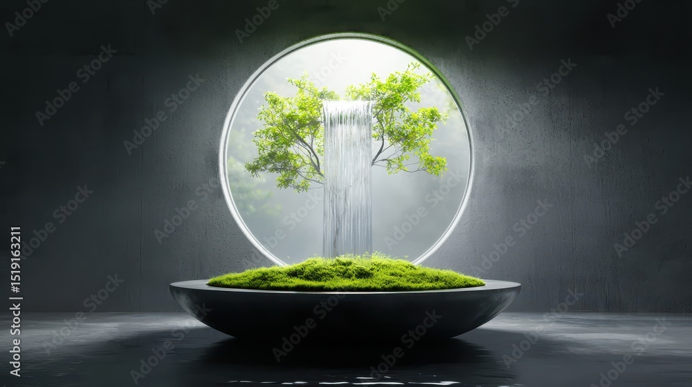 Poster room garden waterfall concept. a serene bonsai scene featuring a circular window with a waterfall an
