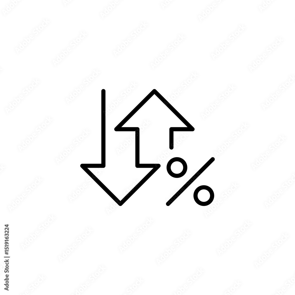 Poster outline vector icon of bidirectional arrows and percent sign representing financial variability or m