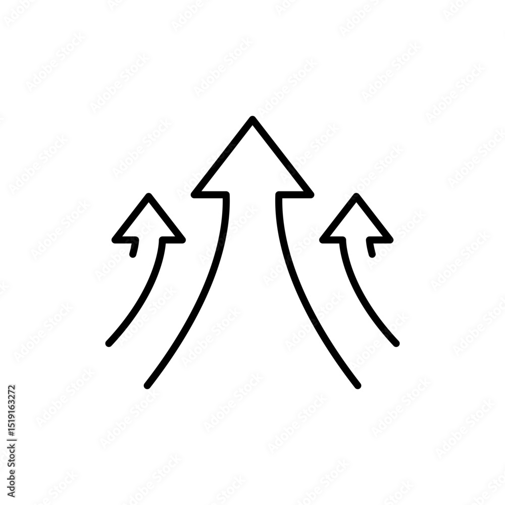 Poster outline icon. triple upward arrows representing improvement progress and forward movement direction
