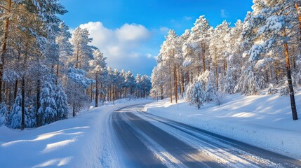 Obraz premium Winter Wonderland: Snowy Road Through a Frosty Forest