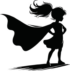 Silhouette of a superhero child with cape blowing in the wind  vector isolated on white background © Avra