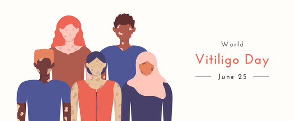 World Vitiligo Day banner template with typography June 25. Women and men with pigmentation of different nationalities standing together. Concept to support people living with chronic skin disorder