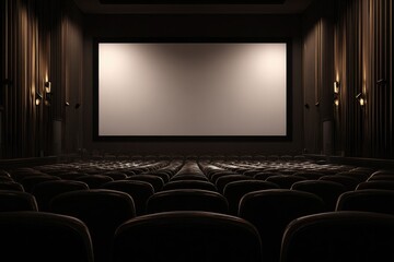 Obraz premium An empty movie theater with rows of dark brown seats facing a large, bright screen, creating a dimly lit, cinematic atmosphere